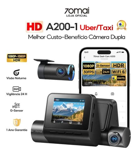 70mai Dash Cam A200 1080p HDR com cartão 64 GB