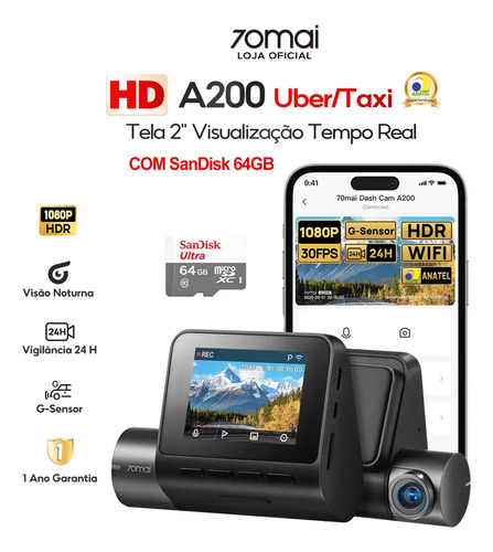 70mai Dash Cam A200 1080p HDR com cartão 64 GB